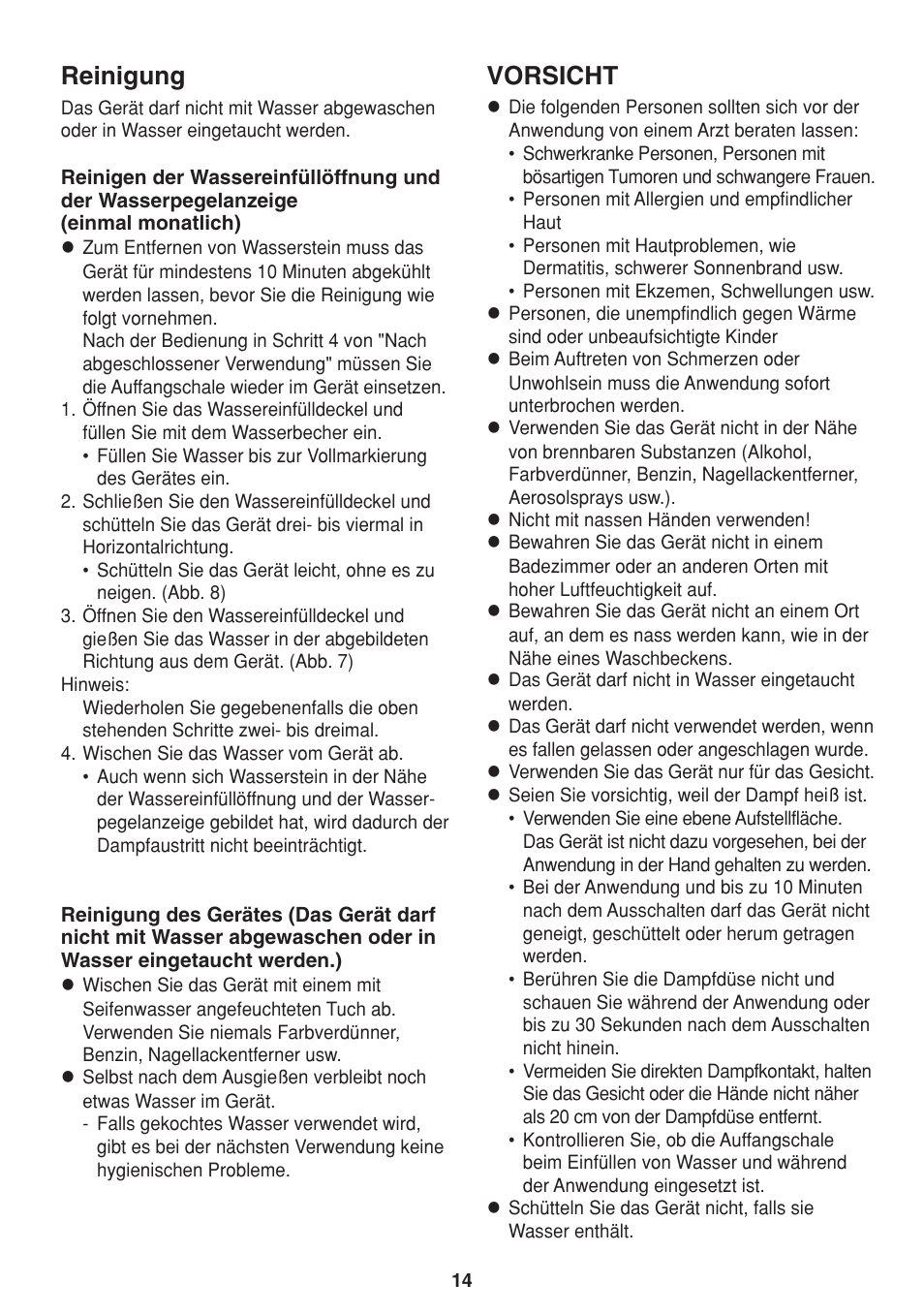 Reinigung, Vorsicht | Panasonic EH2424 User Manual | Page 14 / 36