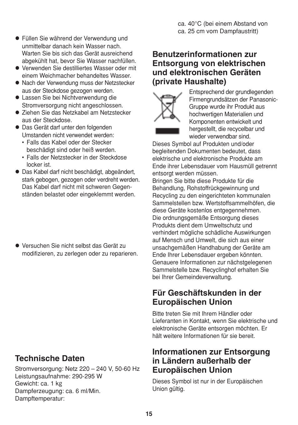 Technische daten, Für geschäftskunden in der europäischen union | Panasonic EH2424 User Manual | Page 15 / 36