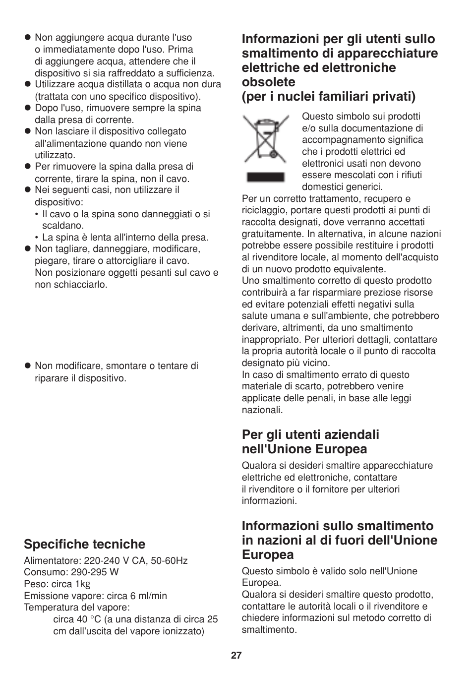 Specifiche tecniche, Per gli utenti aziendali nell'unione europea | Panasonic EH2424 User Manual | Page 27 / 36