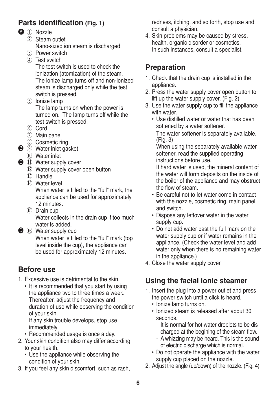 Parts identification, Before use, Preparation | Using the facial ionic steamer | Panasonic EH2424 User Manual | Page 6 / 36