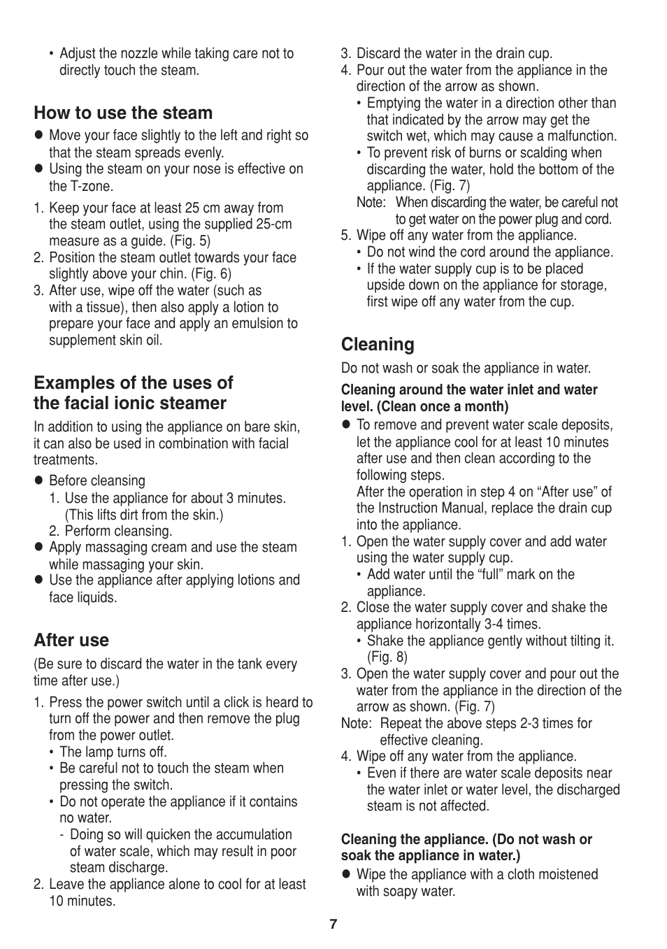 How to use the steam, Examples of the uses of the facial ionic steamer, After use | Cleaning | Panasonic EH2424 User Manual | Page 7 / 36