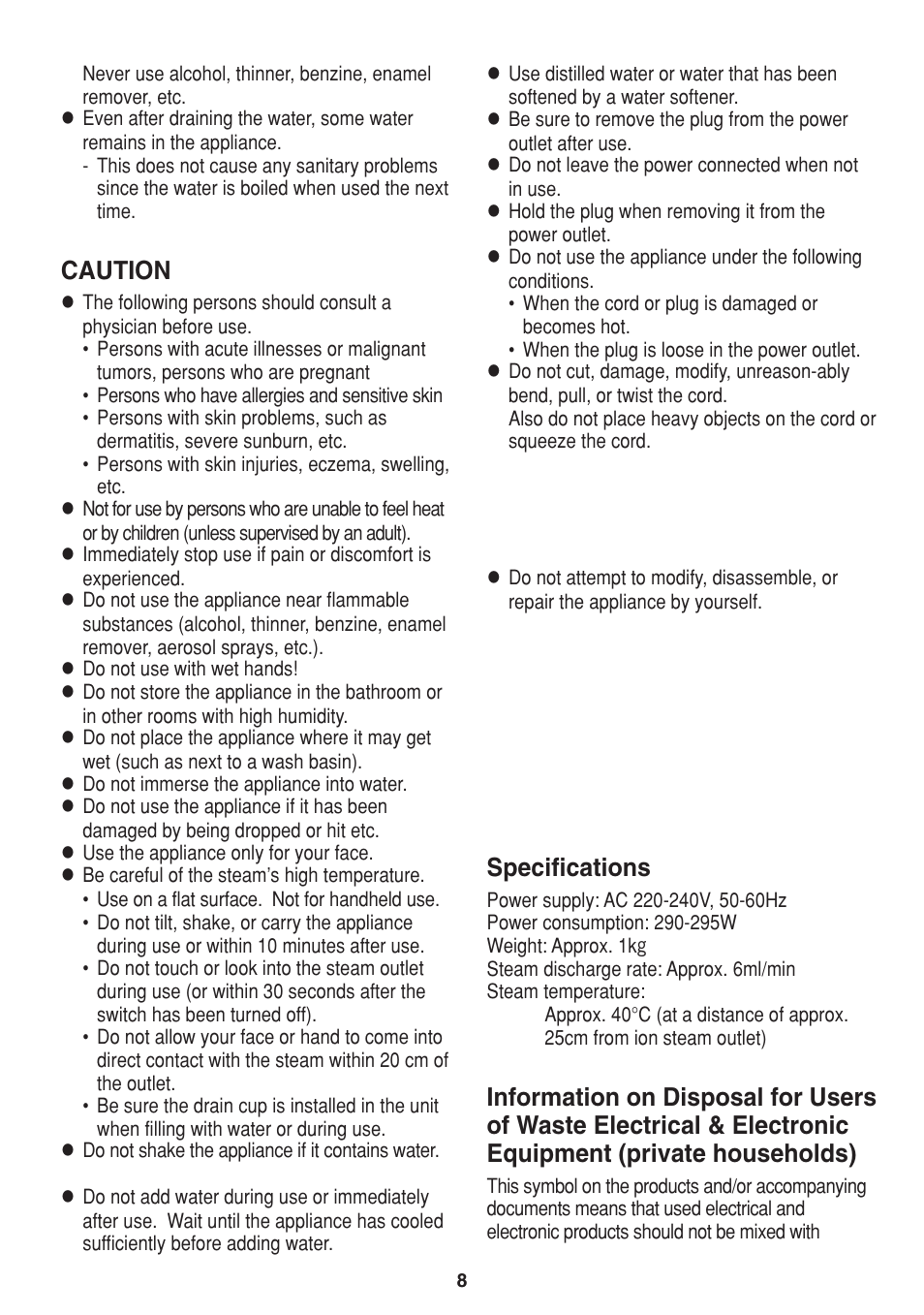 Caution, Specifications | Panasonic EH2424 User Manual | Page 8 / 36