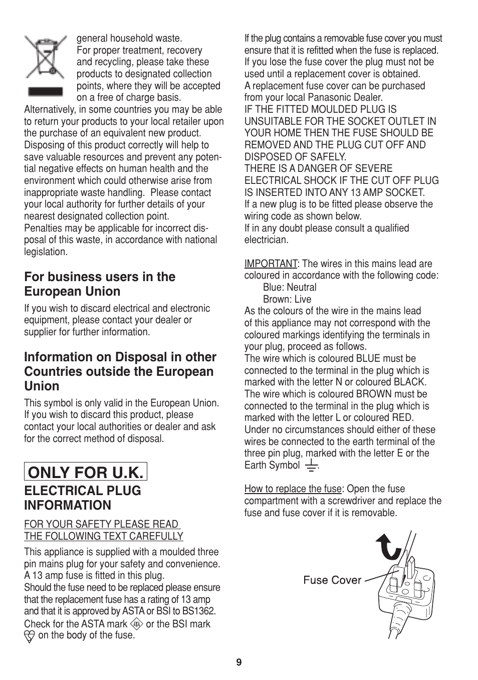 Only for u.k, For business users in the european union, Electrical plug information | Panasonic EH2424 User Manual | Page 9 / 36