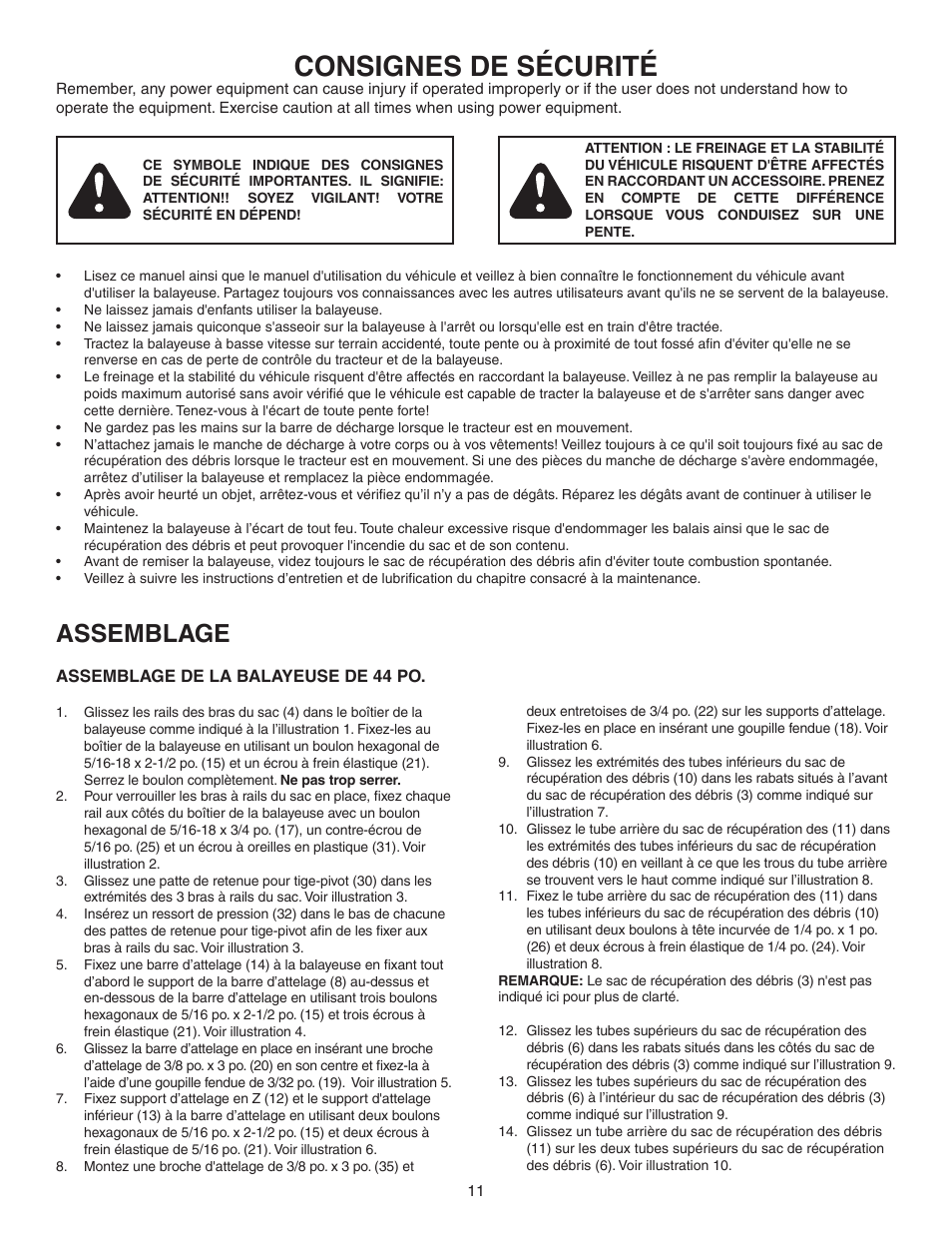 Consignes de sécurité, Assemblage | Agri-Fab 45-0456 User Manual | Page 11 / 24