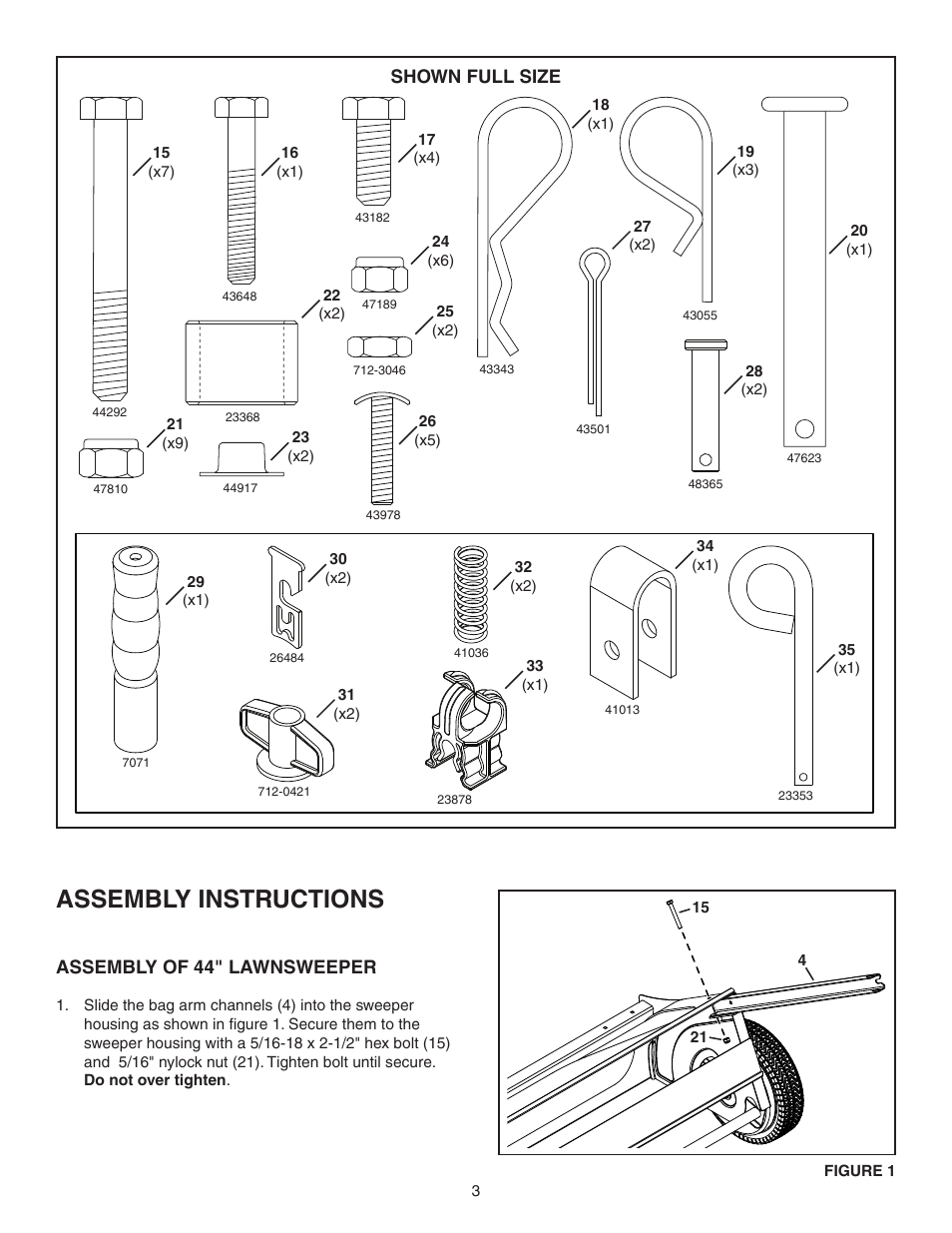 Assembly instructions, Assembly of 44" lawnsweeper, Shown full size | Agri-Fab 45-0456 User Manual | Page 3 / 24