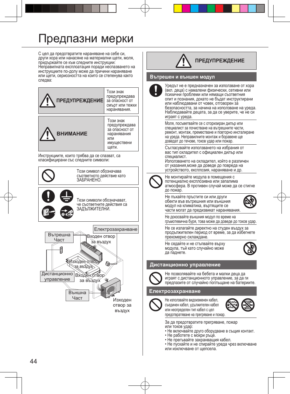 Предпазни мерки | Panasonic CURE15PKE3 User Manual | Page 44 / 56