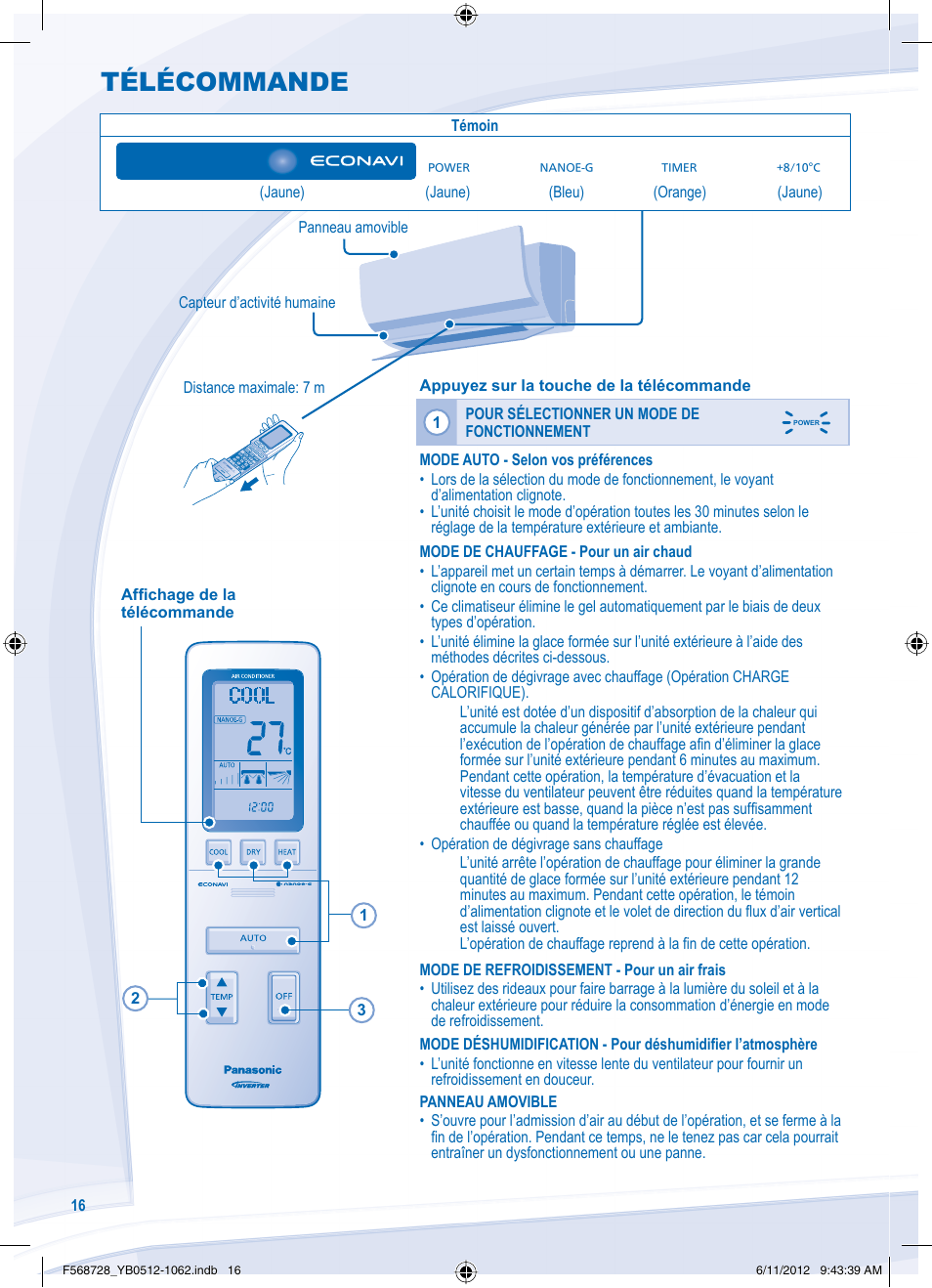 Télécommande | Panasonic CUVE9NKE User Manual | Page 16 / 64