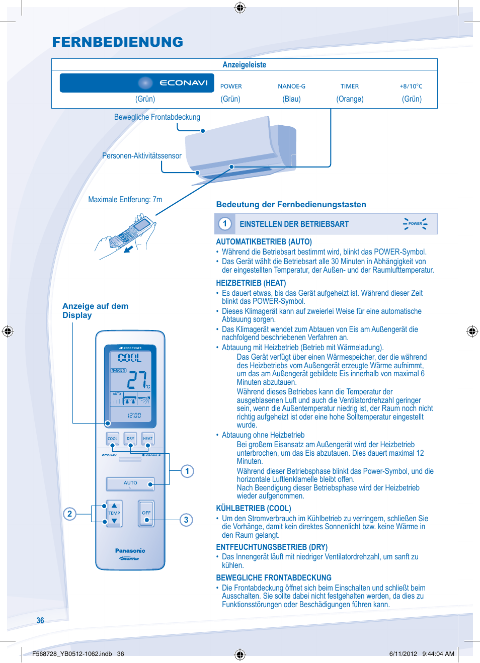 Fernbedienung | Panasonic CUVE9NKE User Manual | Page 36 / 64