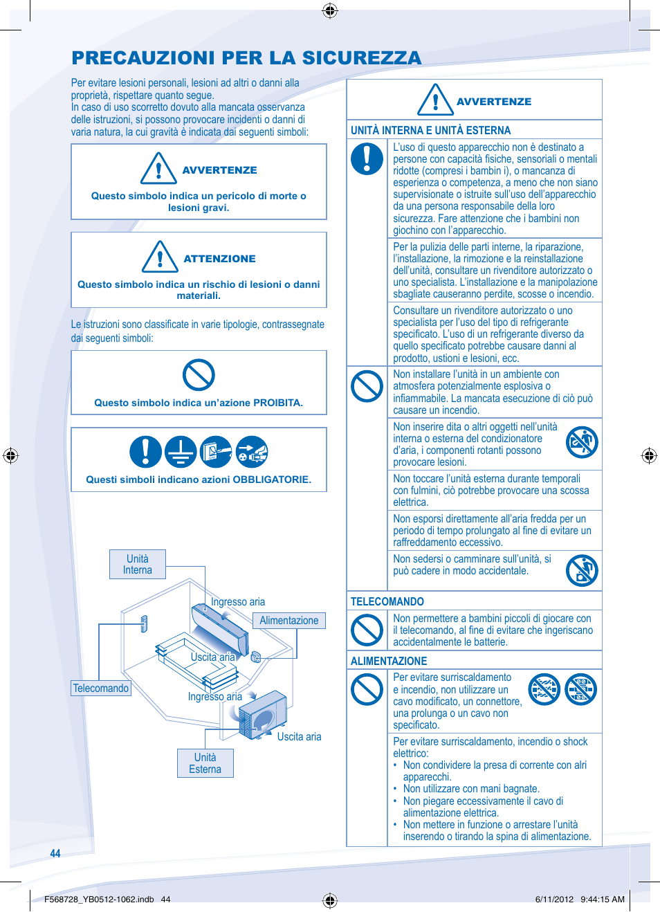 Precauzioni per la sicurezza | Panasonic CUVE9NKE User Manual | Page 44 / 64