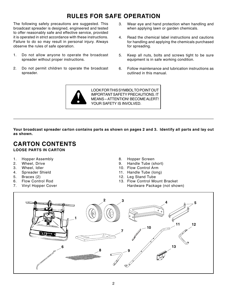 Rules for safe operation, Carton contents | Agri-Fab 45-02102-101 User Manual | Page 2 / 16