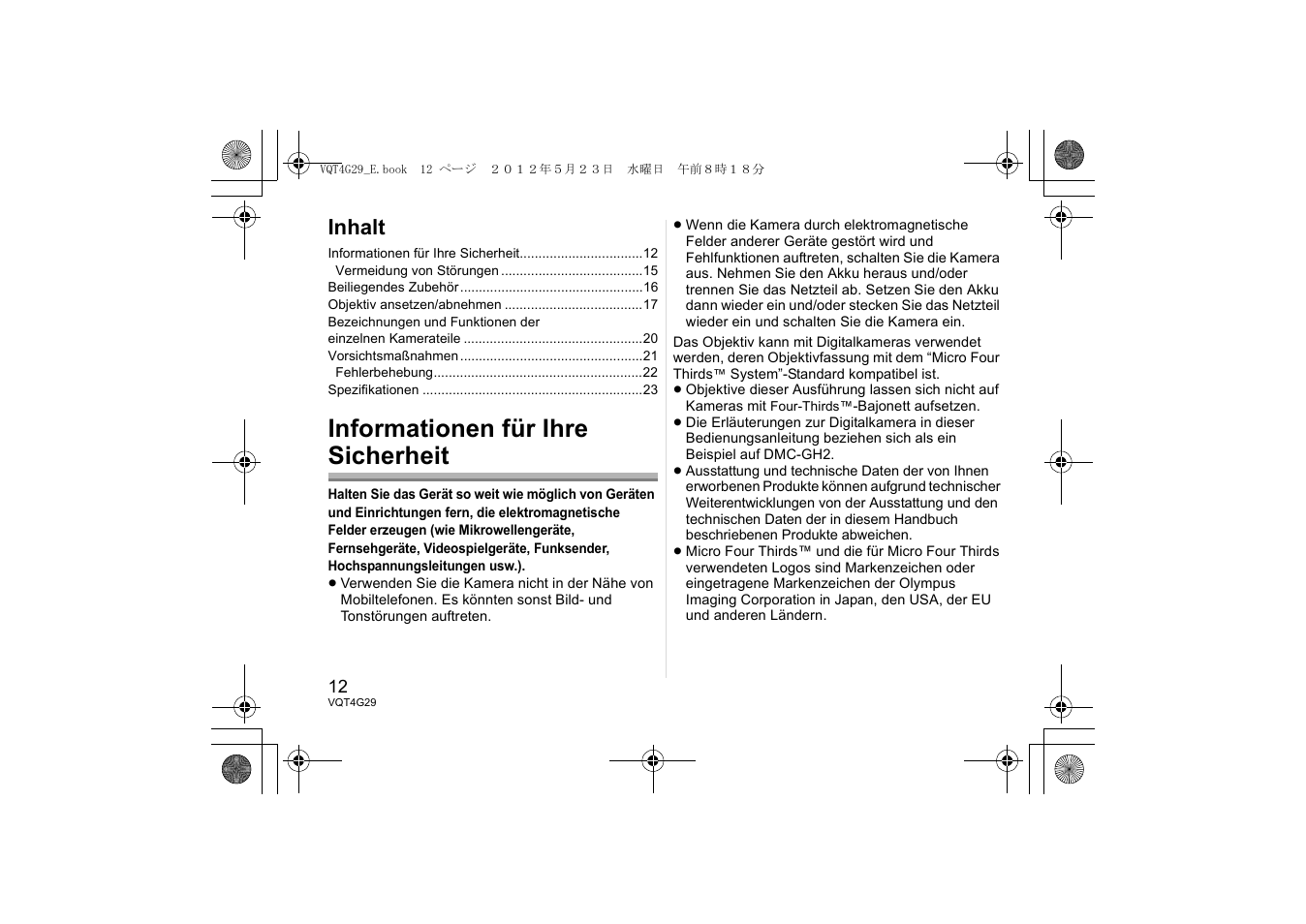 Informationen für ihre sicherheit, Inhalt | Panasonic HHS12035E User Manual | Page 12 / 72