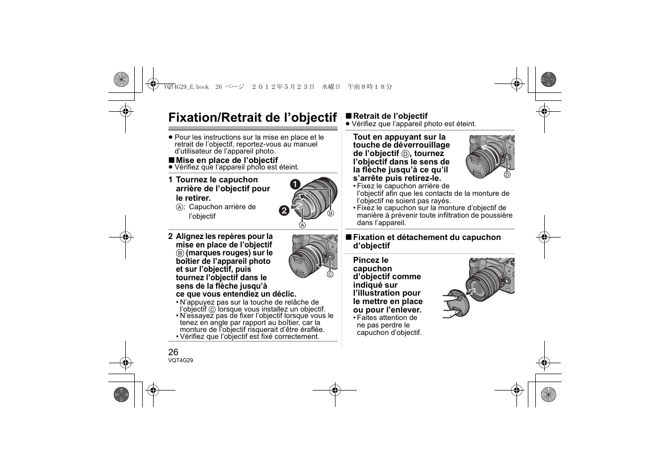 Fixation/retrait de l’objectif | Panasonic HHS12035E User Manual | Page 26 / 72