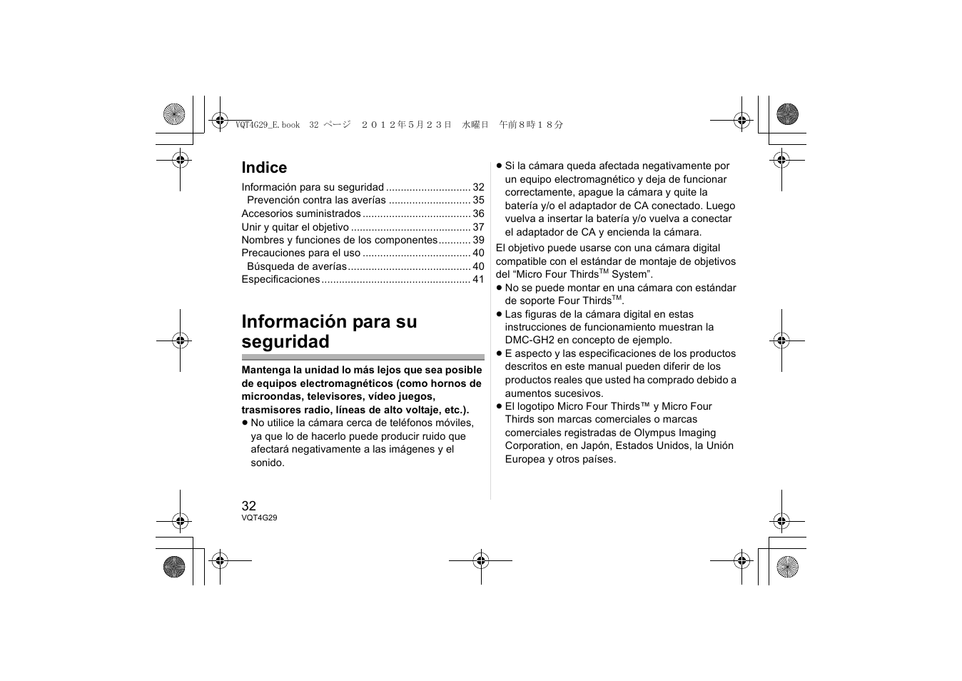 Información para su seguridad, Indice | Panasonic HHS12035E User Manual | Page 32 / 72
