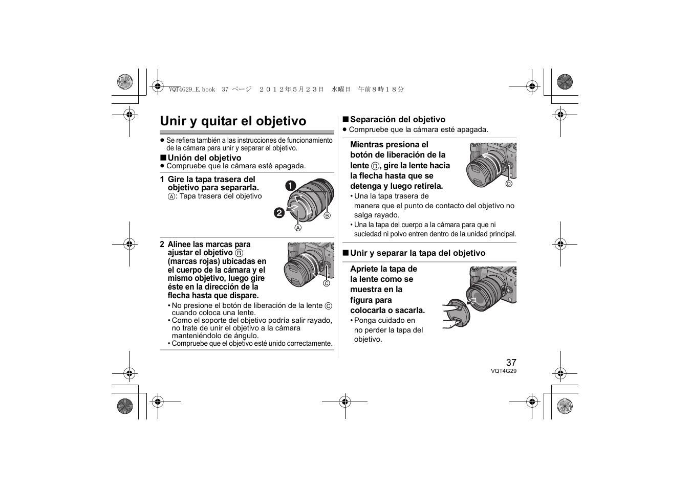 Unir y quitar el objetivo | Panasonic HHS12035E User Manual | Page 37 / 72