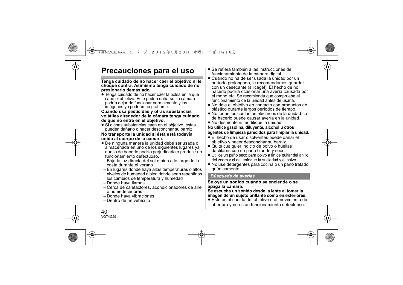 Precauciones para el uso | Panasonic HHS12035E User Manual | Page 40 / 72