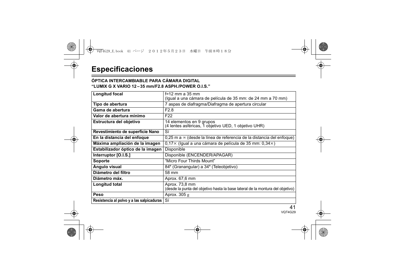 Especificaciones | Panasonic HHS12035E User Manual | Page 41 / 72