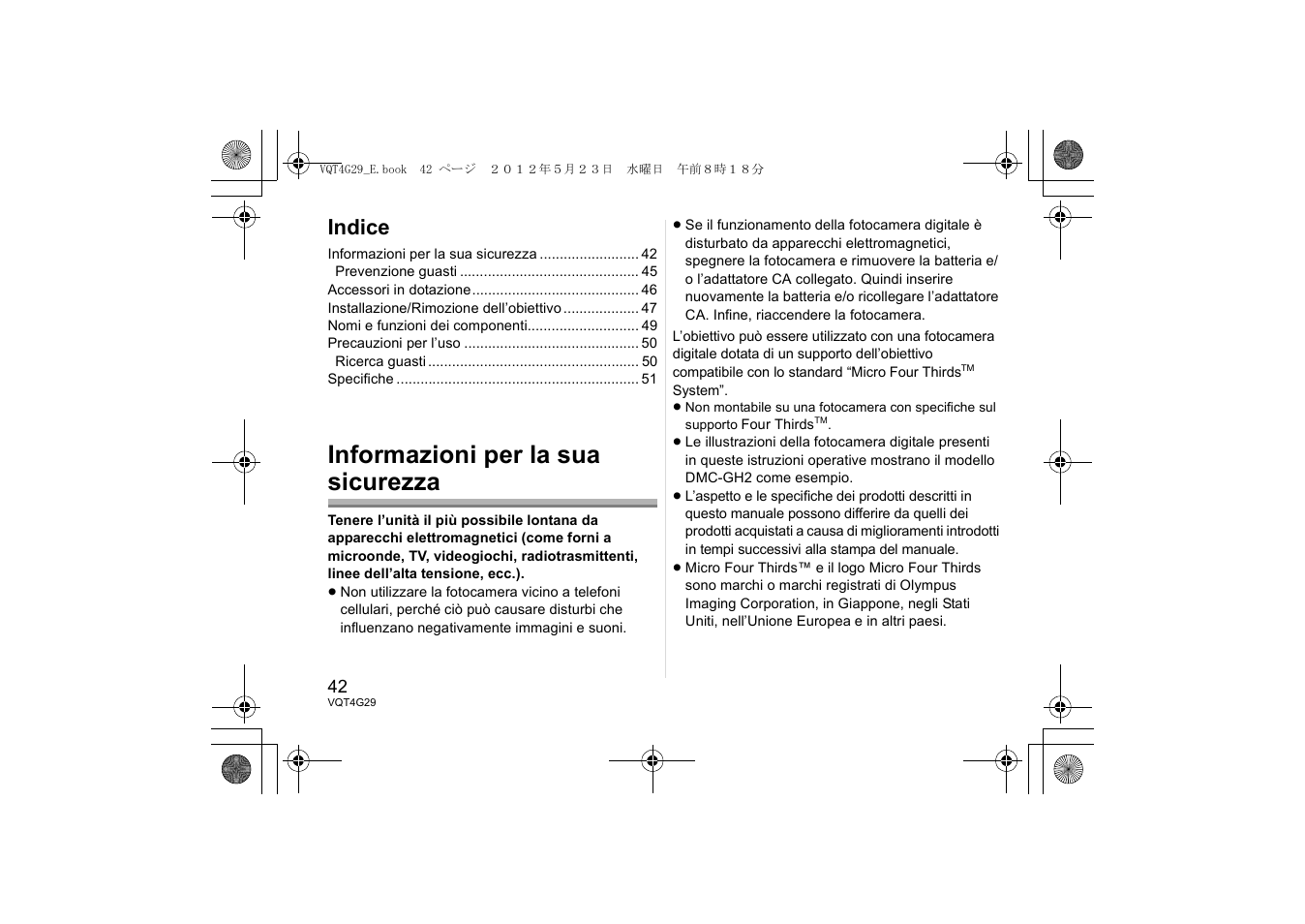 Informazioni per la sua sicurezza, Indice | Panasonic HHS12035E User Manual | Page 42 / 72