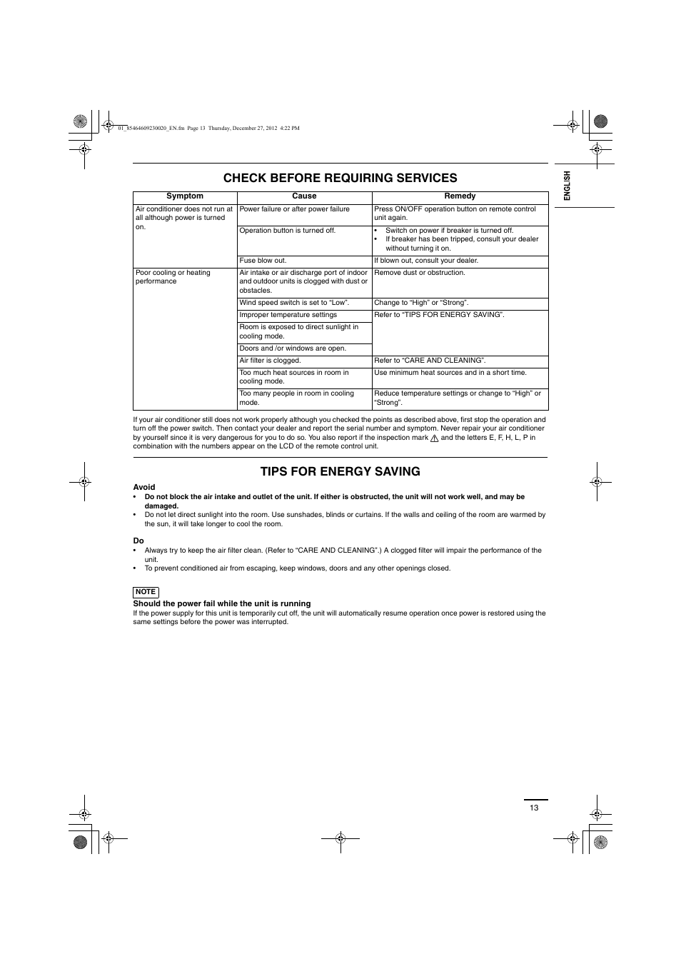 Check before requiring services, Tips for energy saving | Panasonic U71PEY1E5 User Manual | Page 13 / 142