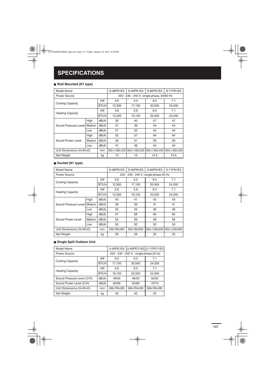 Specifications | Panasonic U71PEY1E5 User Manual | Page 137 / 142