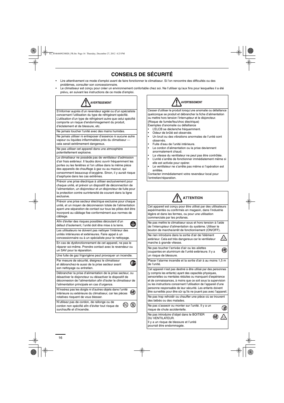 Conseils de sécurité | Panasonic U71PEY1E5 User Manual | Page 16 / 142