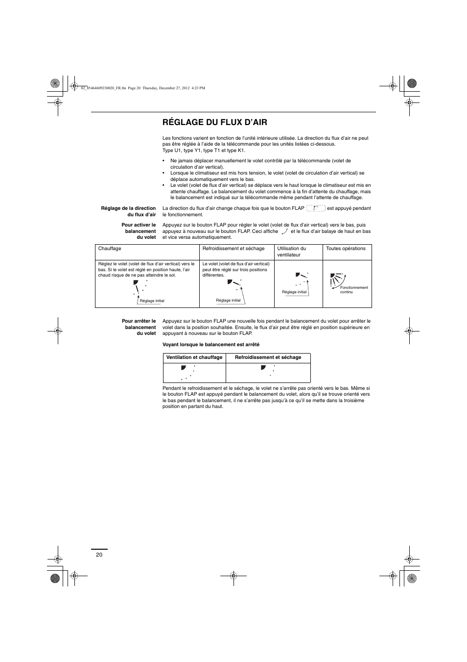 Réglage du flux d’air | Panasonic U71PEY1E5 User Manual | Page 20 / 142