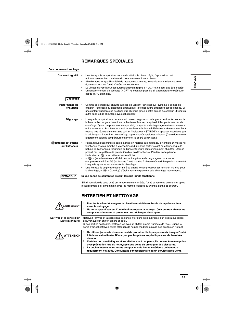 Remarques spéciales entretien et nettoyage | Panasonic U71PEY1E5 User Manual | Page 23 / 142