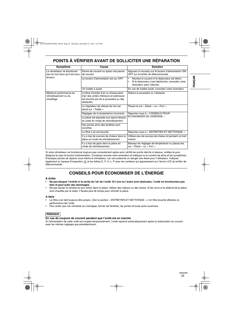 Conseils pour économiser de l’énergie | Panasonic U71PEY1E5 User Manual | Page 25 / 142