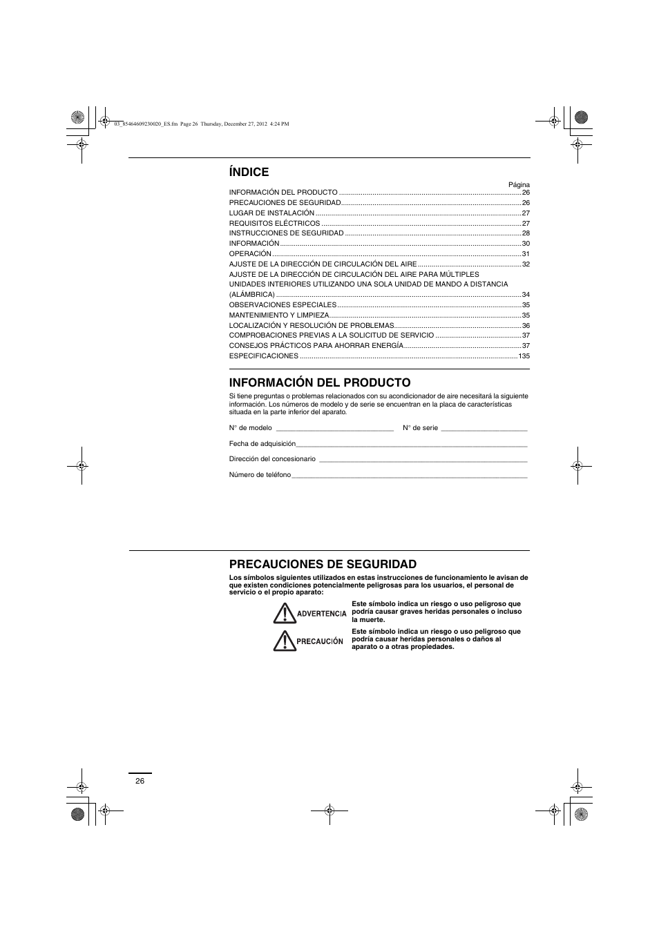 Índice, Información del producto, Precauciones de seguridad | Panasonic U71PEY1E5 User Manual | Page 26 / 142