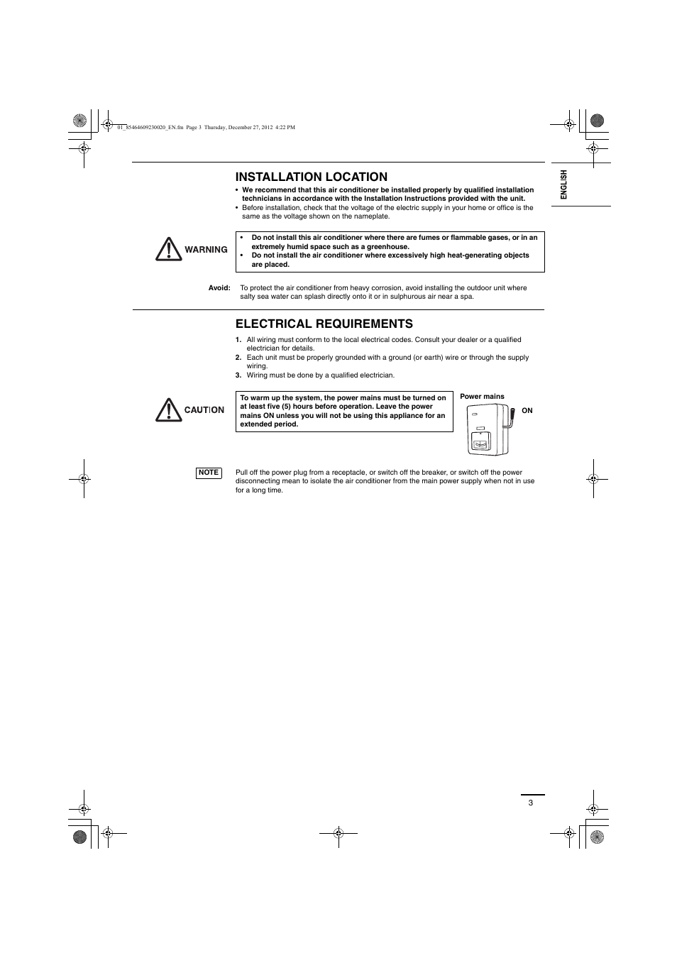 Installation location, Electrical requirements | Panasonic U71PEY1E5 User Manual | Page 3 / 142