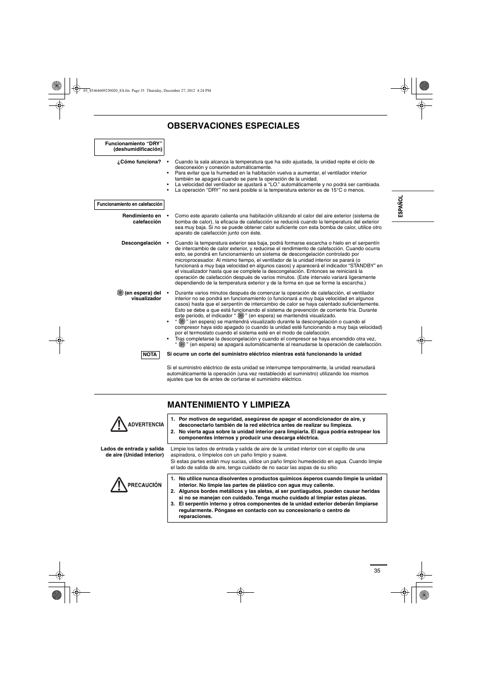 Observaciones especiales mantenimiento y limpieza | Panasonic U71PEY1E5 User Manual | Page 35 / 142