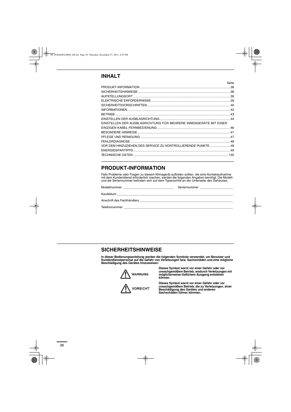 Inhalt, Produkt-information, Sicherheitshinweise | Panasonic U71PEY1E5 User Manual | Page 38 / 142