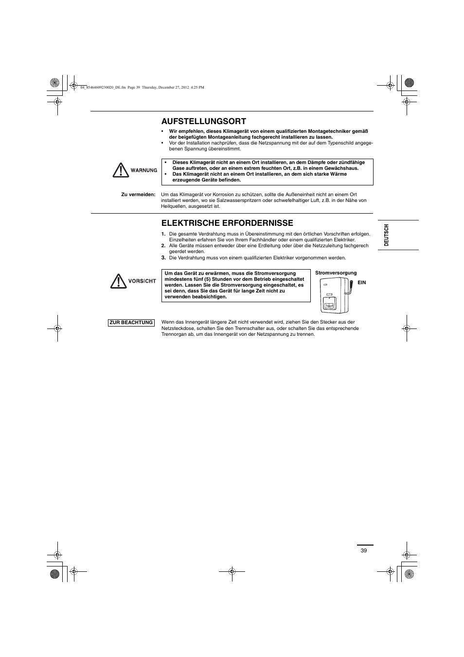 Aufstellungsort, Elektrische erfordernisse | Panasonic U71PEY1E5 User Manual | Page 39 / 142