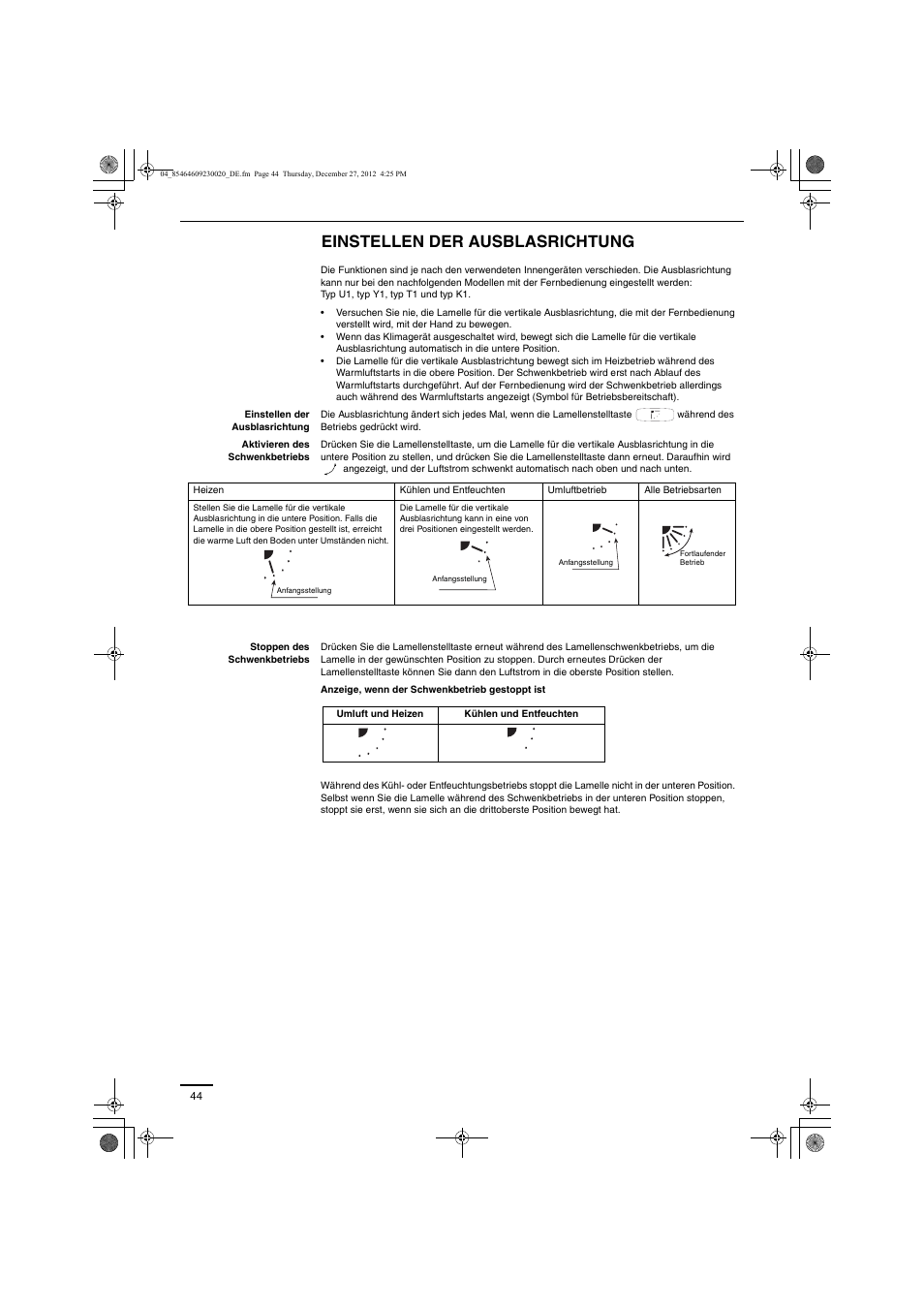 Einstellen der ausblasrichtung | Panasonic U71PEY1E5 User Manual | Page 44 / 142