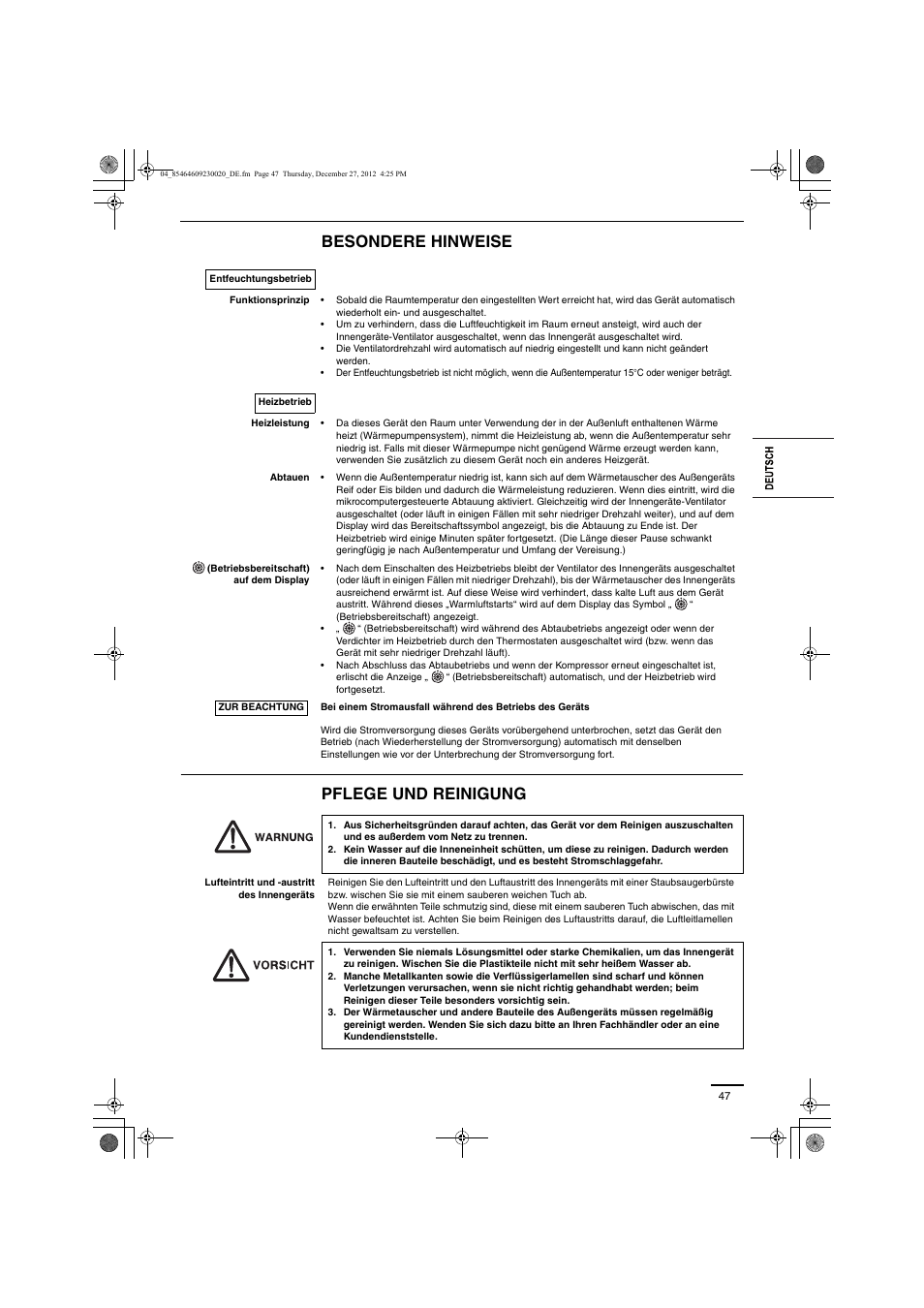 Besondere hinweise pflege und reinigung | Panasonic U71PEY1E5 User Manual | Page 47 / 142