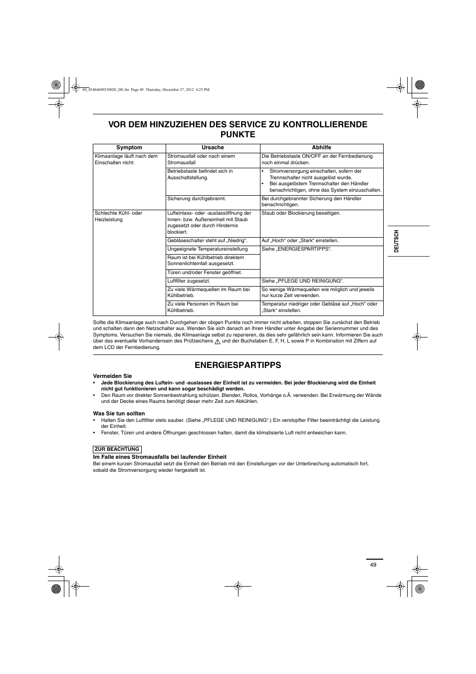 Energiespartipps | Panasonic U71PEY1E5 User Manual | Page 49 / 142