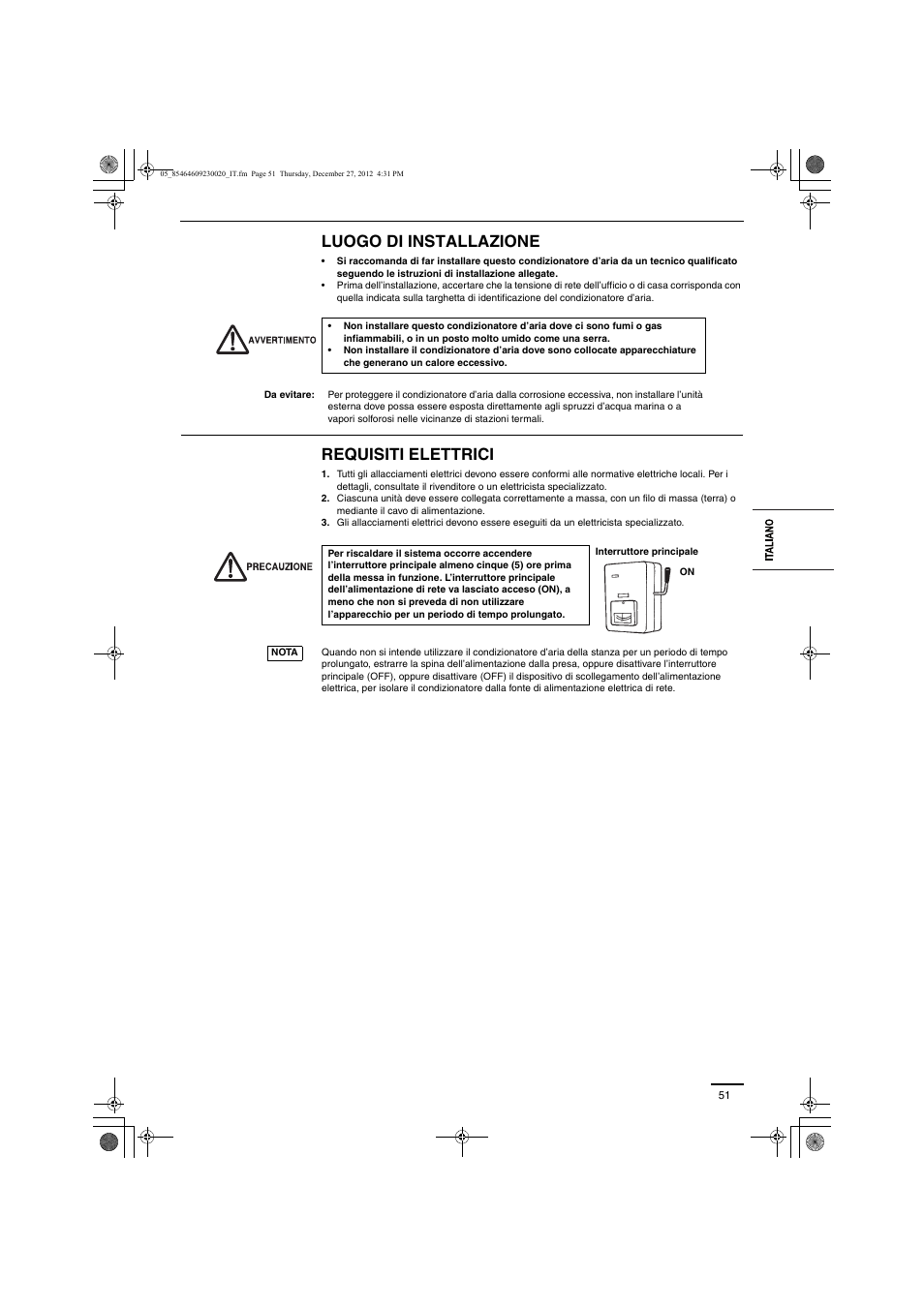 Luogo di installazione, Requisiti elettrici | Panasonic U71PEY1E5 User Manual | Page 51 / 142