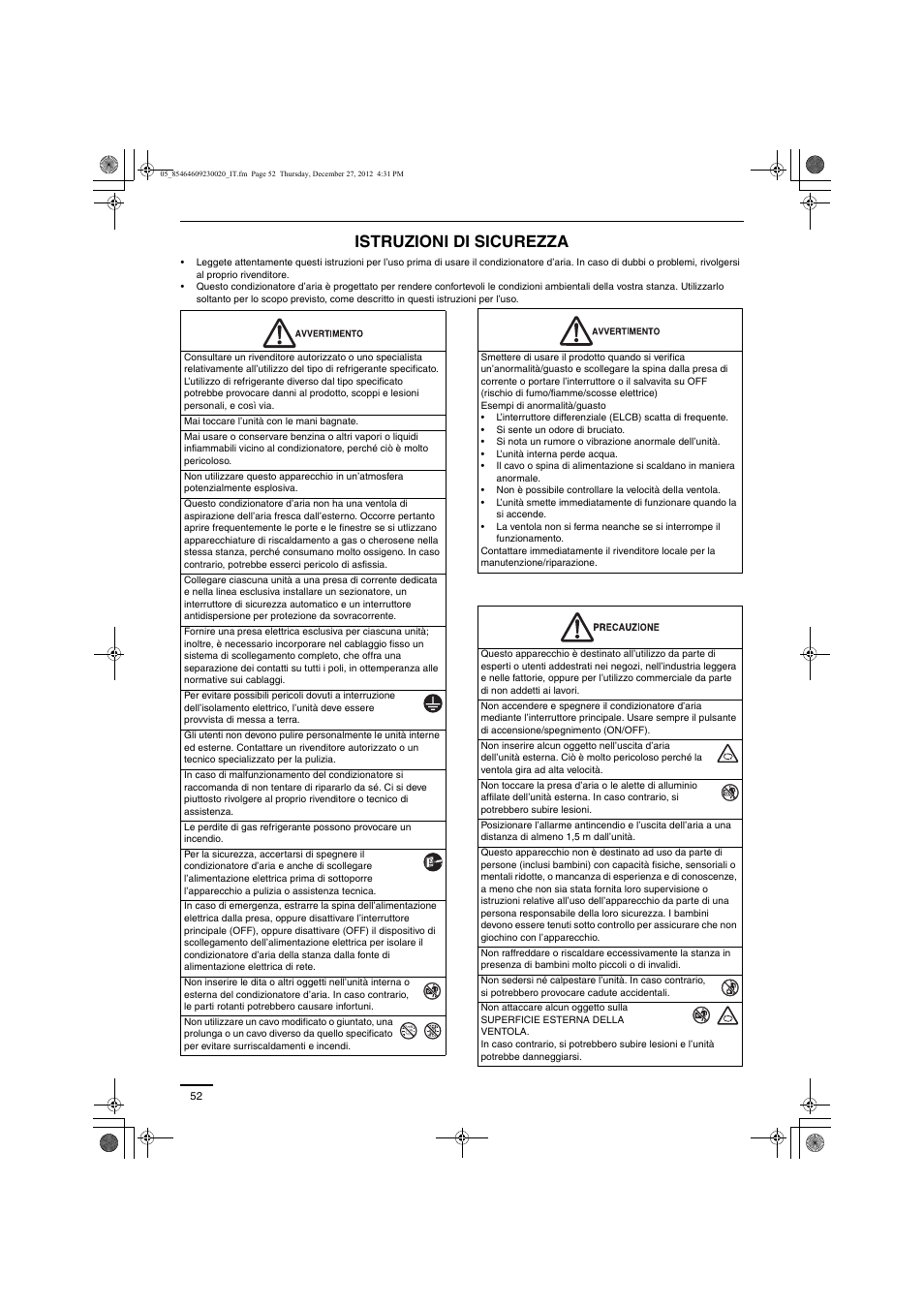 Istruzioni di sicurezza | Panasonic U71PEY1E5 User Manual | Page 52 / 142