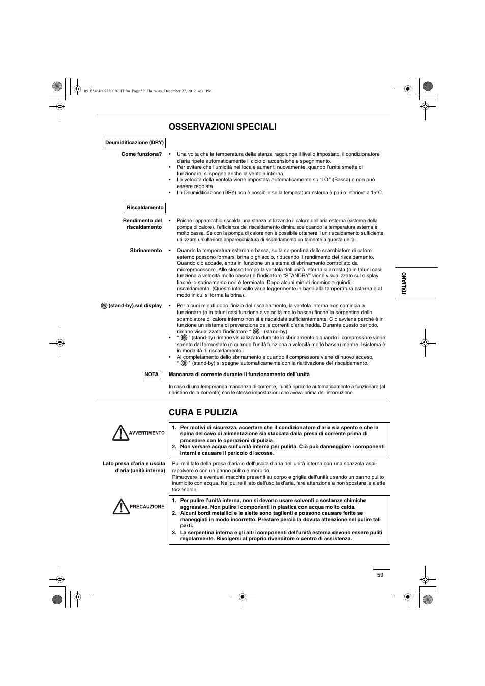 Osservazioni speciali cura e pulizia | Panasonic U71PEY1E5 User Manual | Page 59 / 142