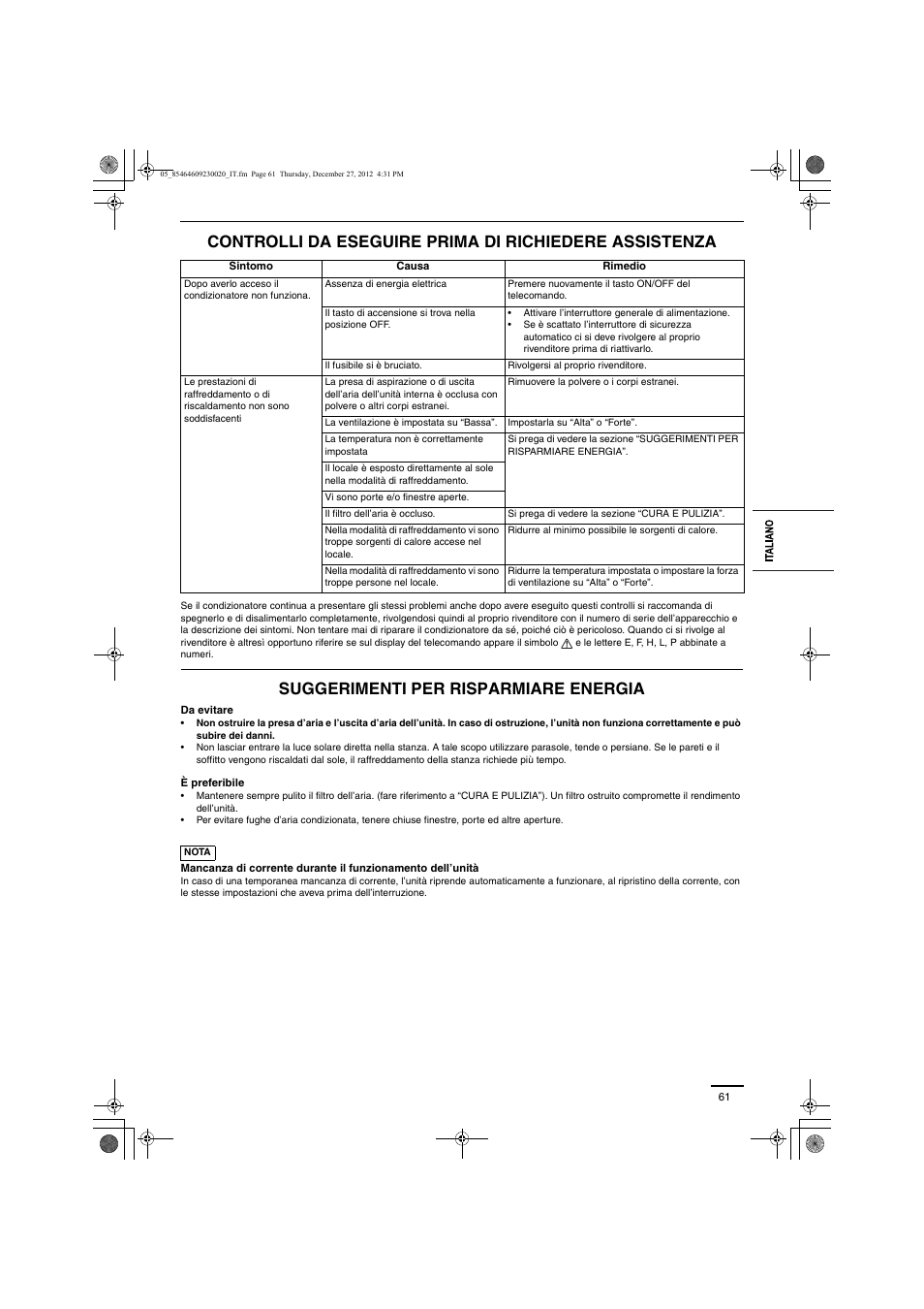 Suggerimenti per risparmiare energia | Panasonic U71PEY1E5 User Manual | Page 61 / 142