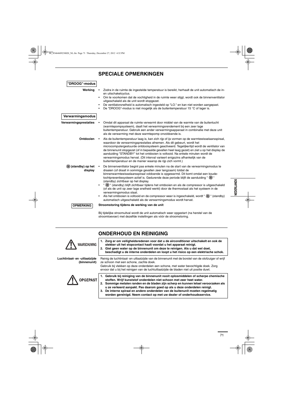 Speciale opmerkingen onderhoud en reiniging | Panasonic U71PEY1E5 User Manual | Page 71 / 142