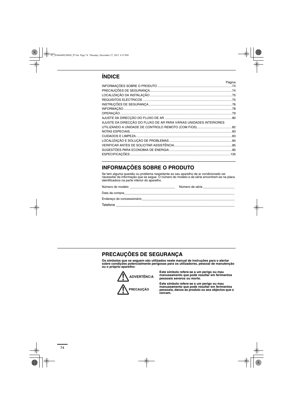 Índice, Informações sobre o produto, Precauções de segurança | Panasonic U71PEY1E5 User Manual | Page 74 / 142