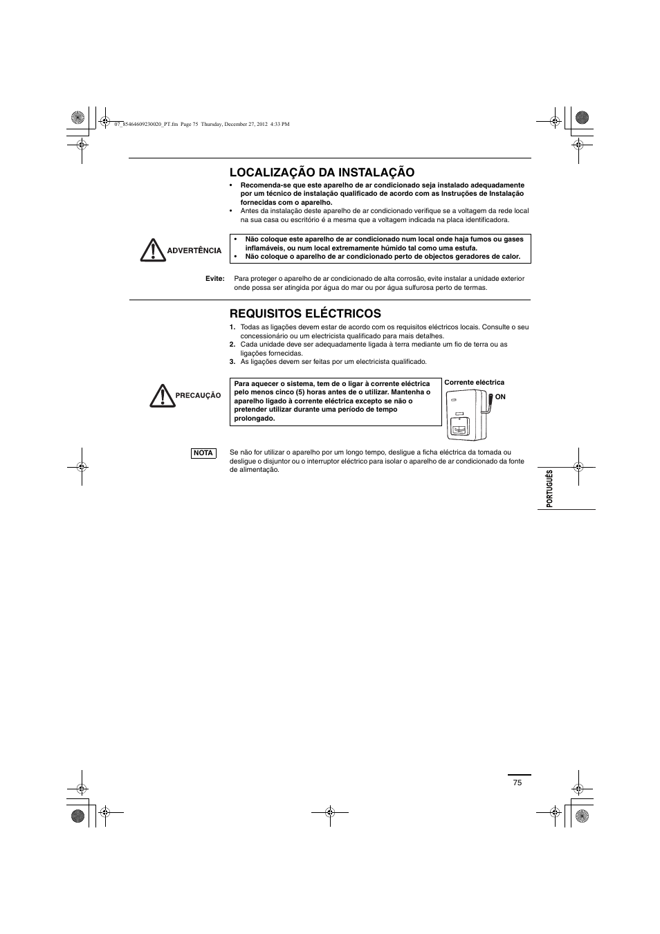 Localização da instalação, Requisitos eléctricos | Panasonic U71PEY1E5 User Manual | Page 75 / 142