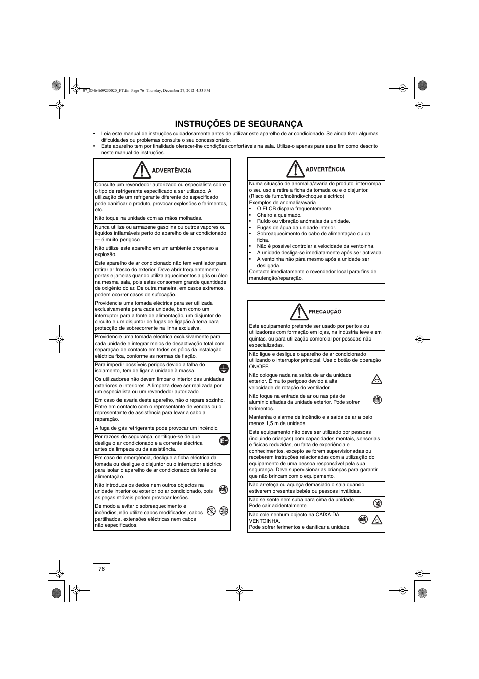 Instruções de segurança | Panasonic U71PEY1E5 User Manual | Page 76 / 142