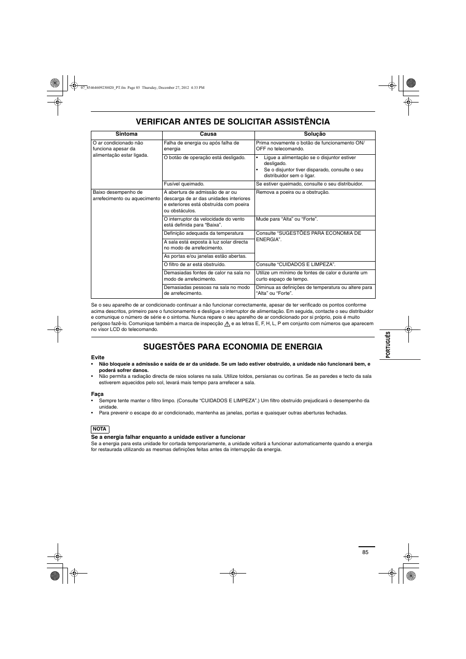 Verificar antes de solicitar assistência, Sugestões para economia de energia | Panasonic U71PEY1E5 User Manual | Page 85 / 142