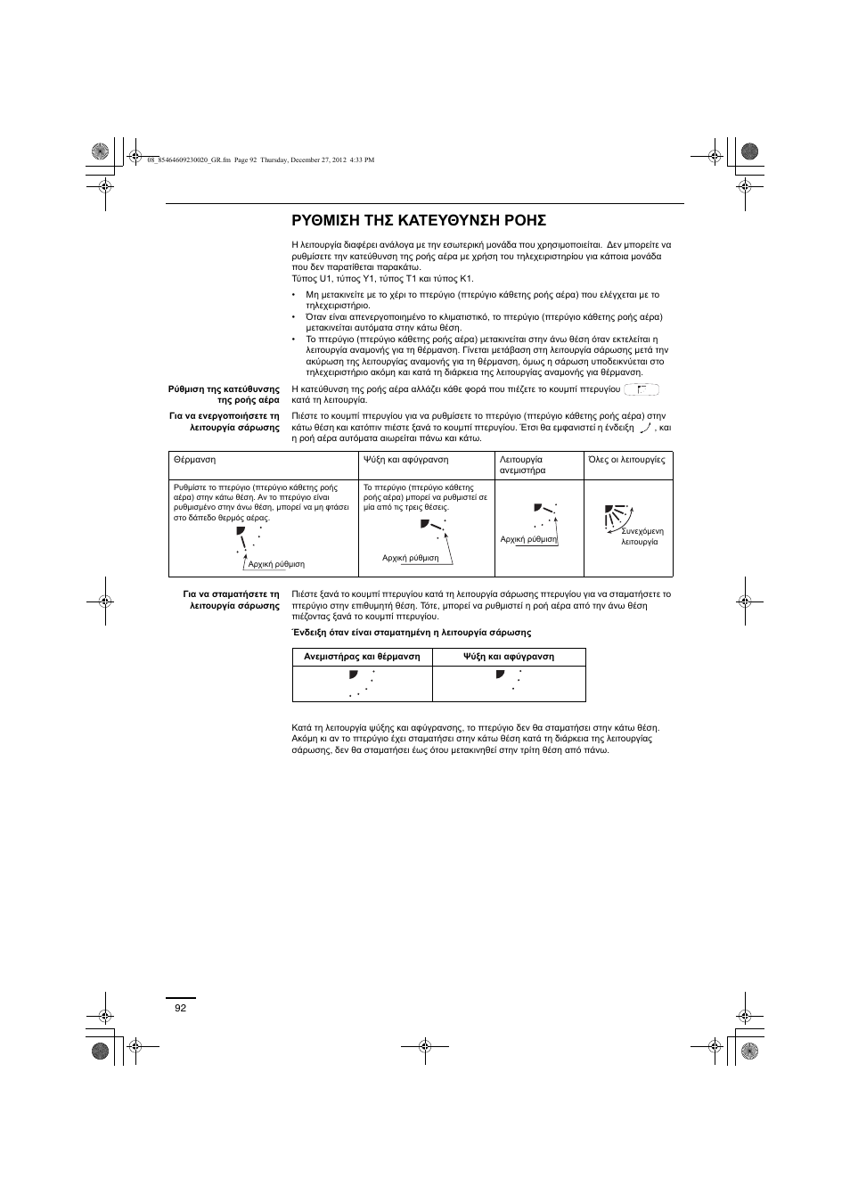 Ρυθμιση τησ κατευθυνση ροησ | Panasonic U71PEY1E5 User Manual | Page 92 / 142