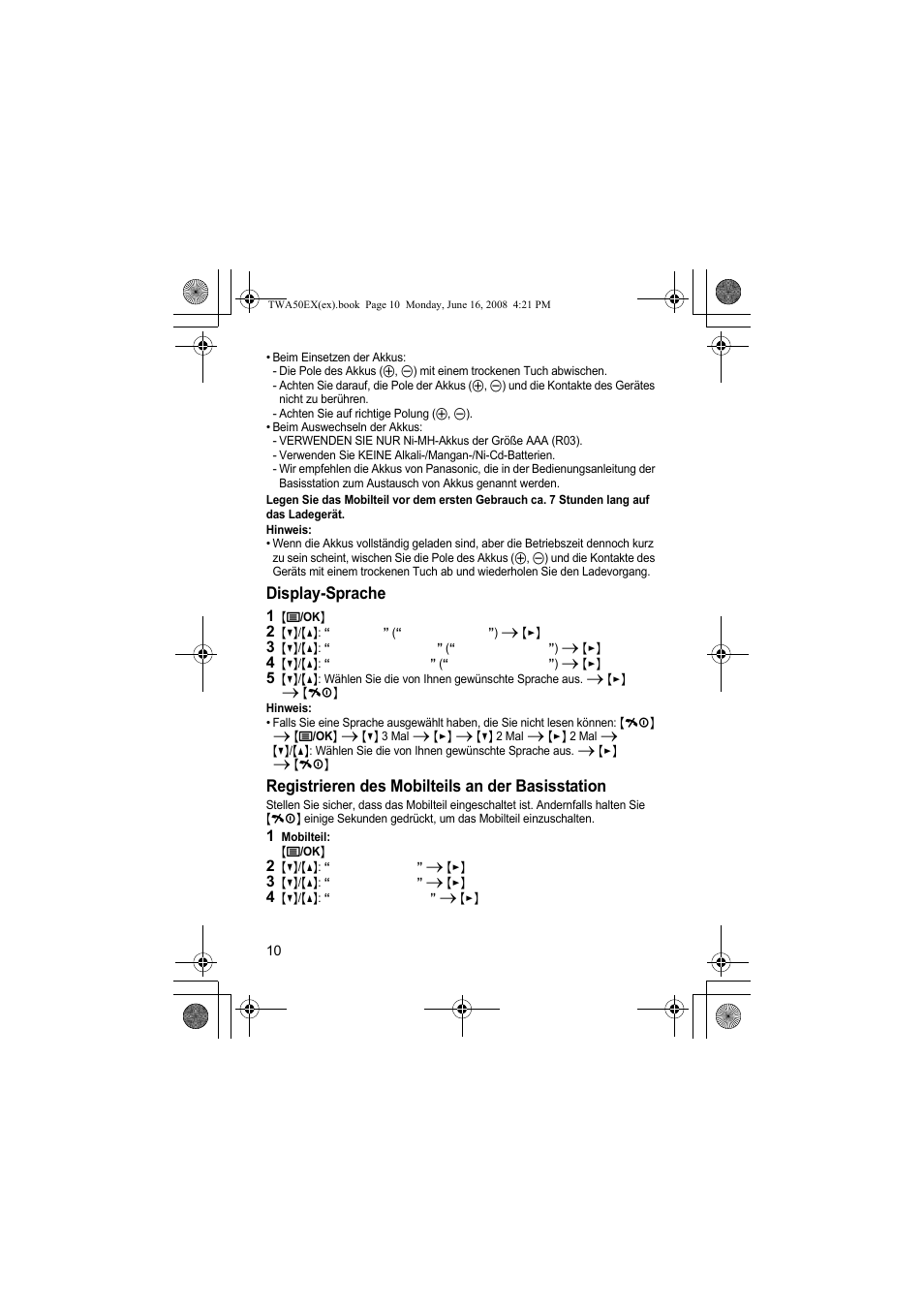 Display-sprache, Registrieren des mobilteils an der basisstation | Panasonic KXTWA50EX User Manual | Page 10 / 52