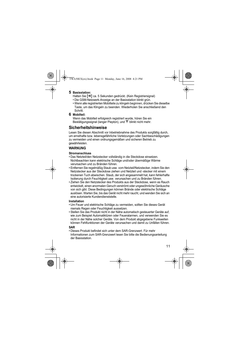 Sicherheitshinweise | Panasonic KXTWA50EX User Manual | Page 11 / 52