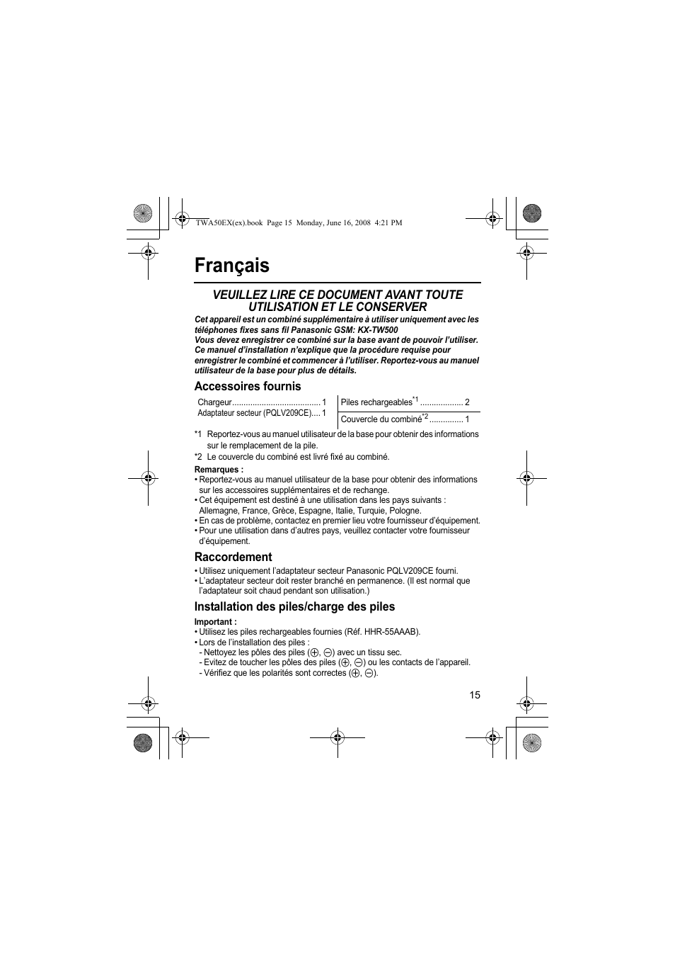 Français, Accessoires fournis, Raccordement | Installation des piles/charge des piles | Panasonic KXTWA50EX User Manual | Page 15 / 52