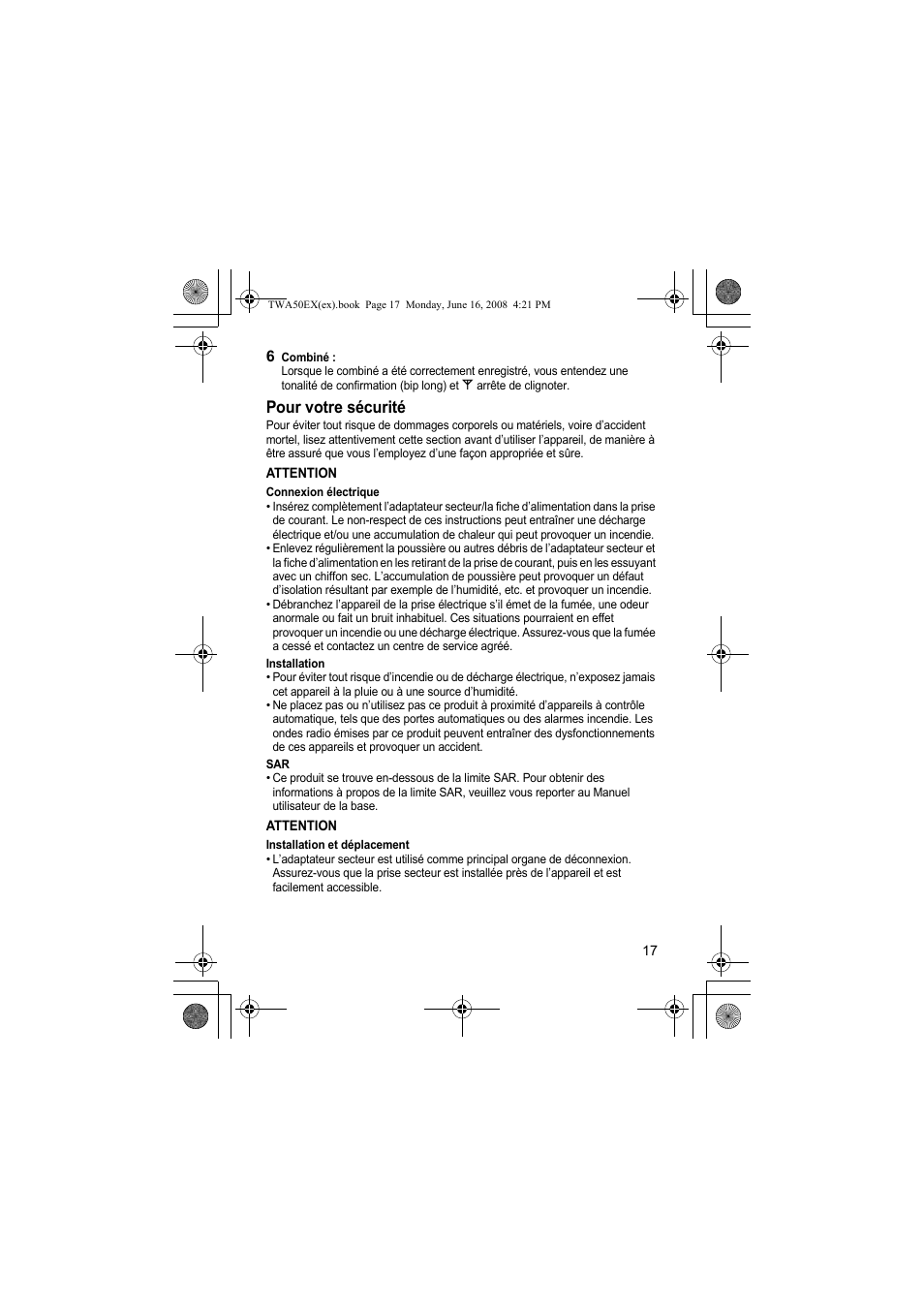 Pour votre sécurité | Panasonic KXTWA50EX User Manual | Page 17 / 52