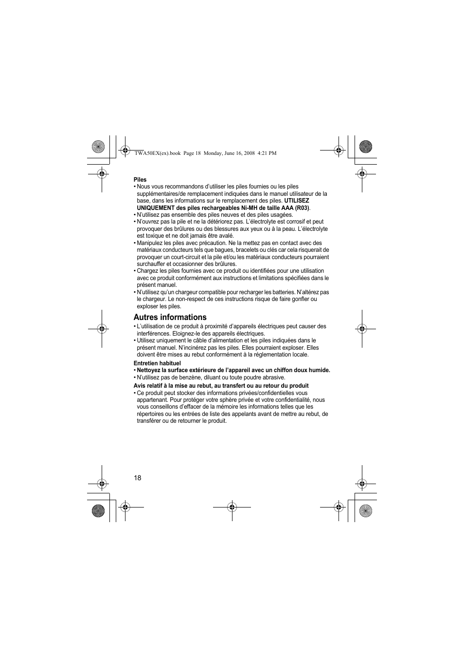 Autres informations | Panasonic KXTWA50EX User Manual | Page 18 / 52